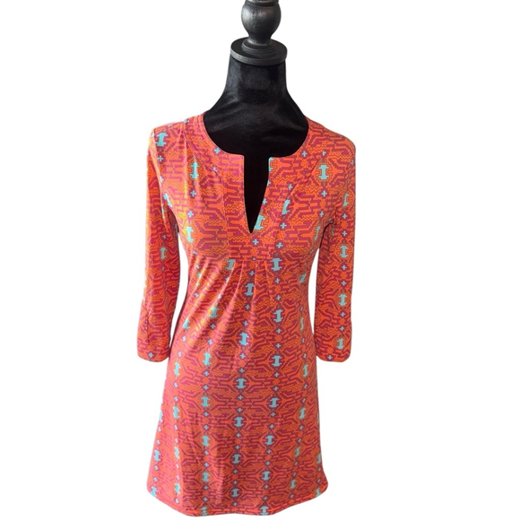 Ellie Kai XS Orange Turquoise Southwestern Geometric Stretch PERFORMANCE Dress - Picture 4 of 10